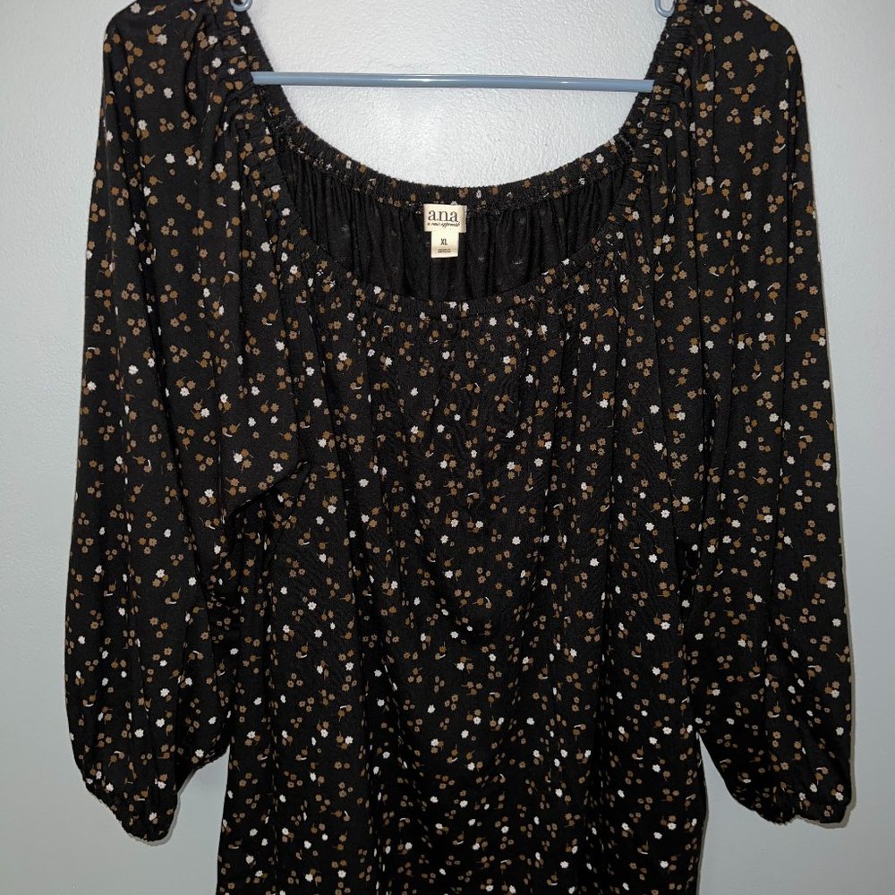 ana XL, Black, Floral, Off-The-Shoulder, Balloon Sleeve Top
